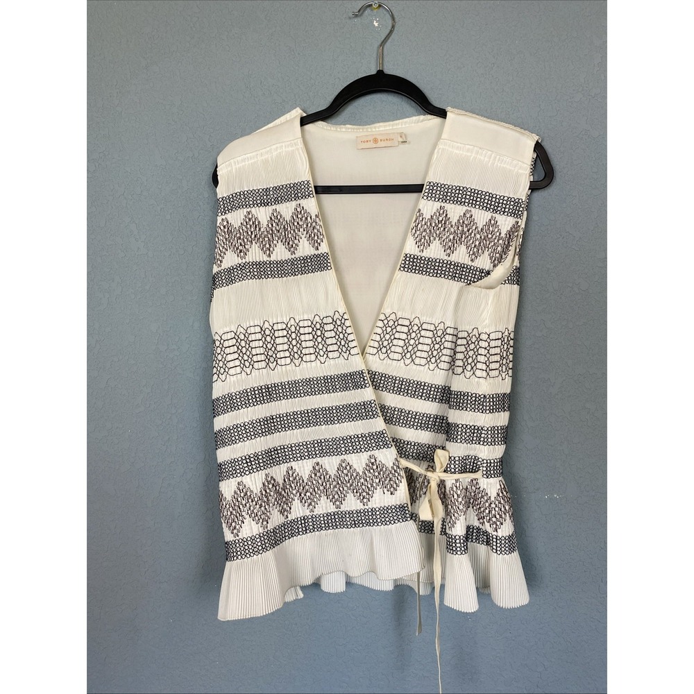 Tory Burch Wrap Top Vest Womens 10 Pleated Neutral Smocked Tie Front